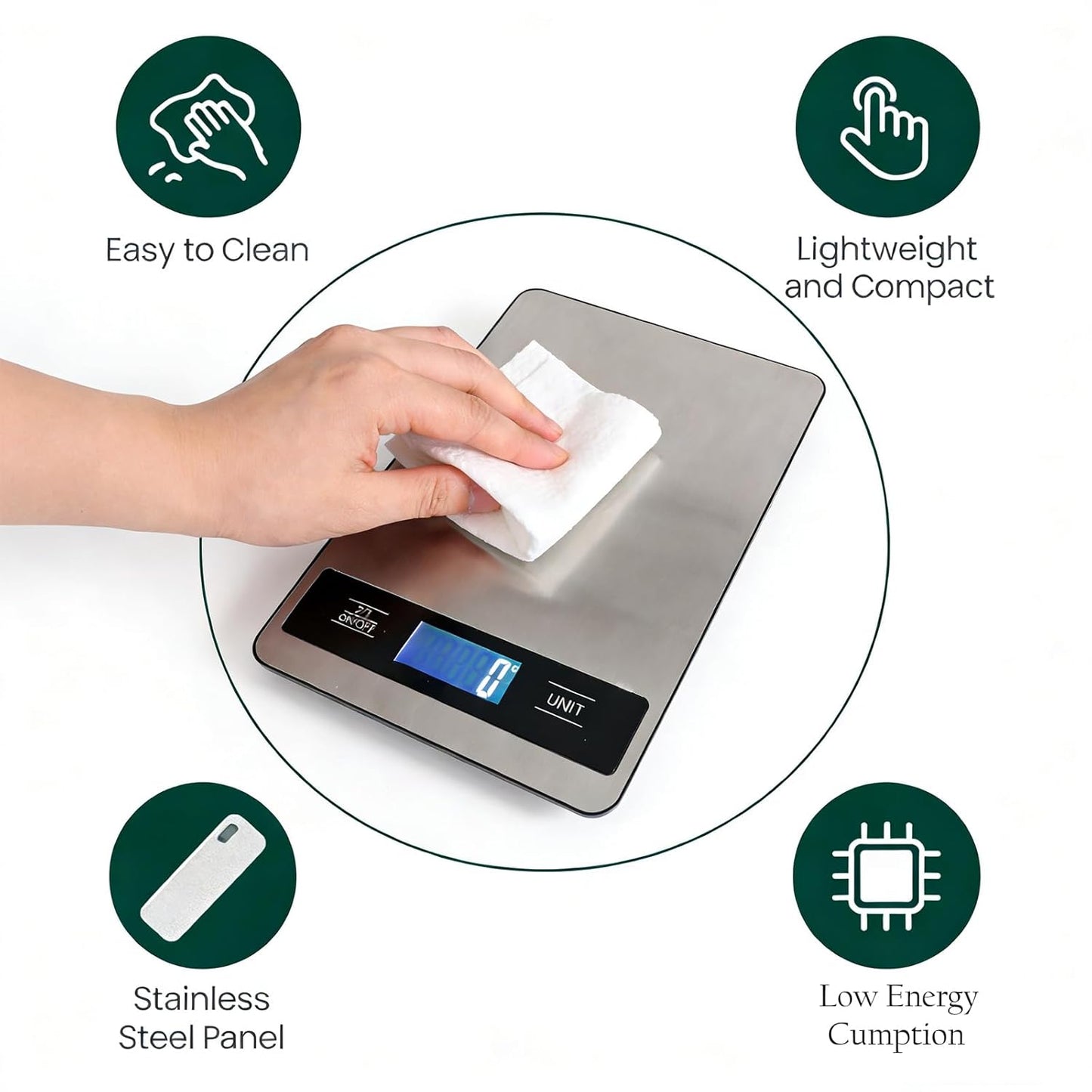 Skiennix Digital Food Kitchen Scale - 33lb/15kg Capacity, 1g Precision, Stainless Steel Panel, Easy-Tare | Silver