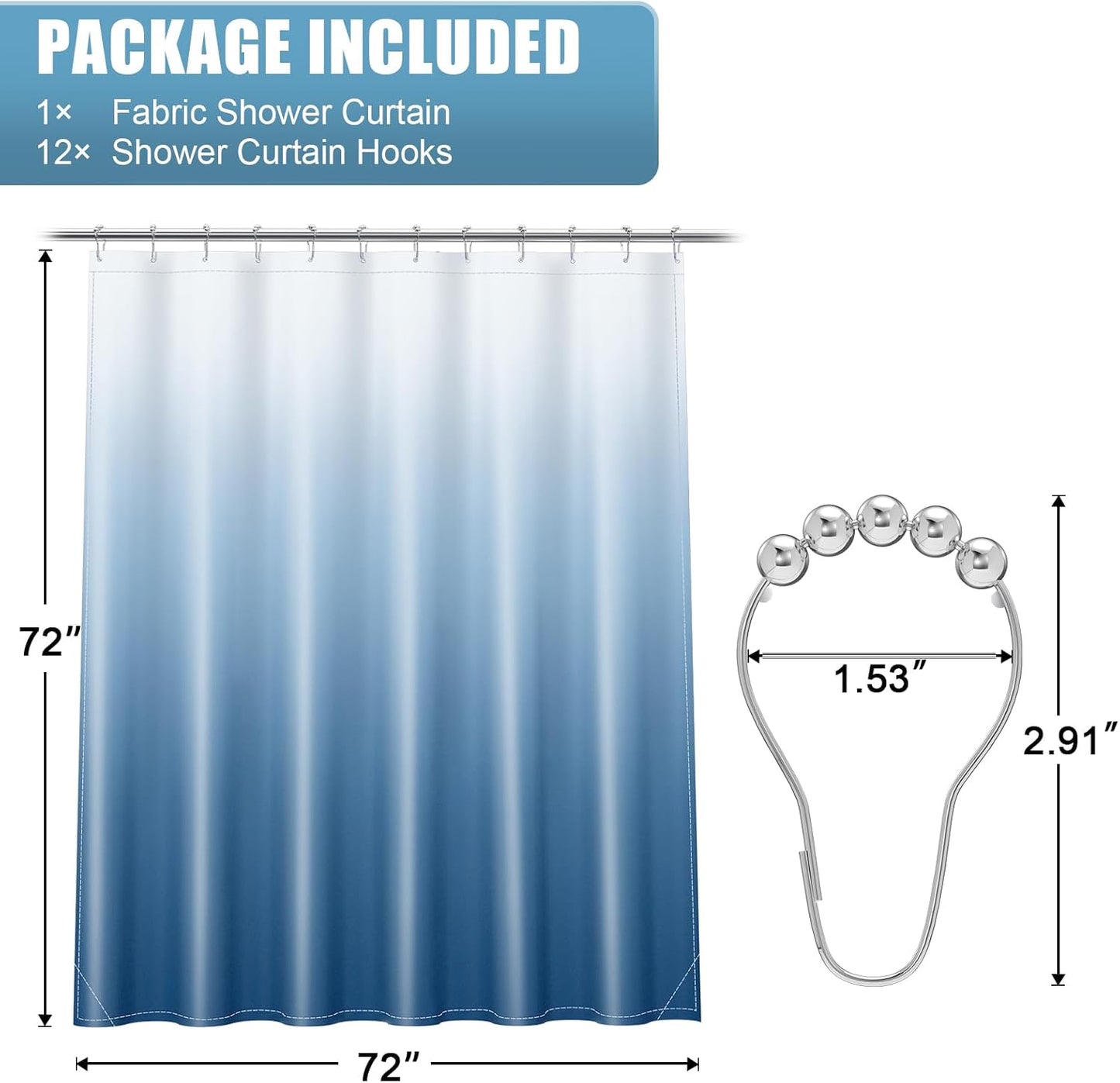 OLANLY Luxury Ombre Shower Curtain Set - Waterproof & Washable, Blue/White, 72x72 Inches