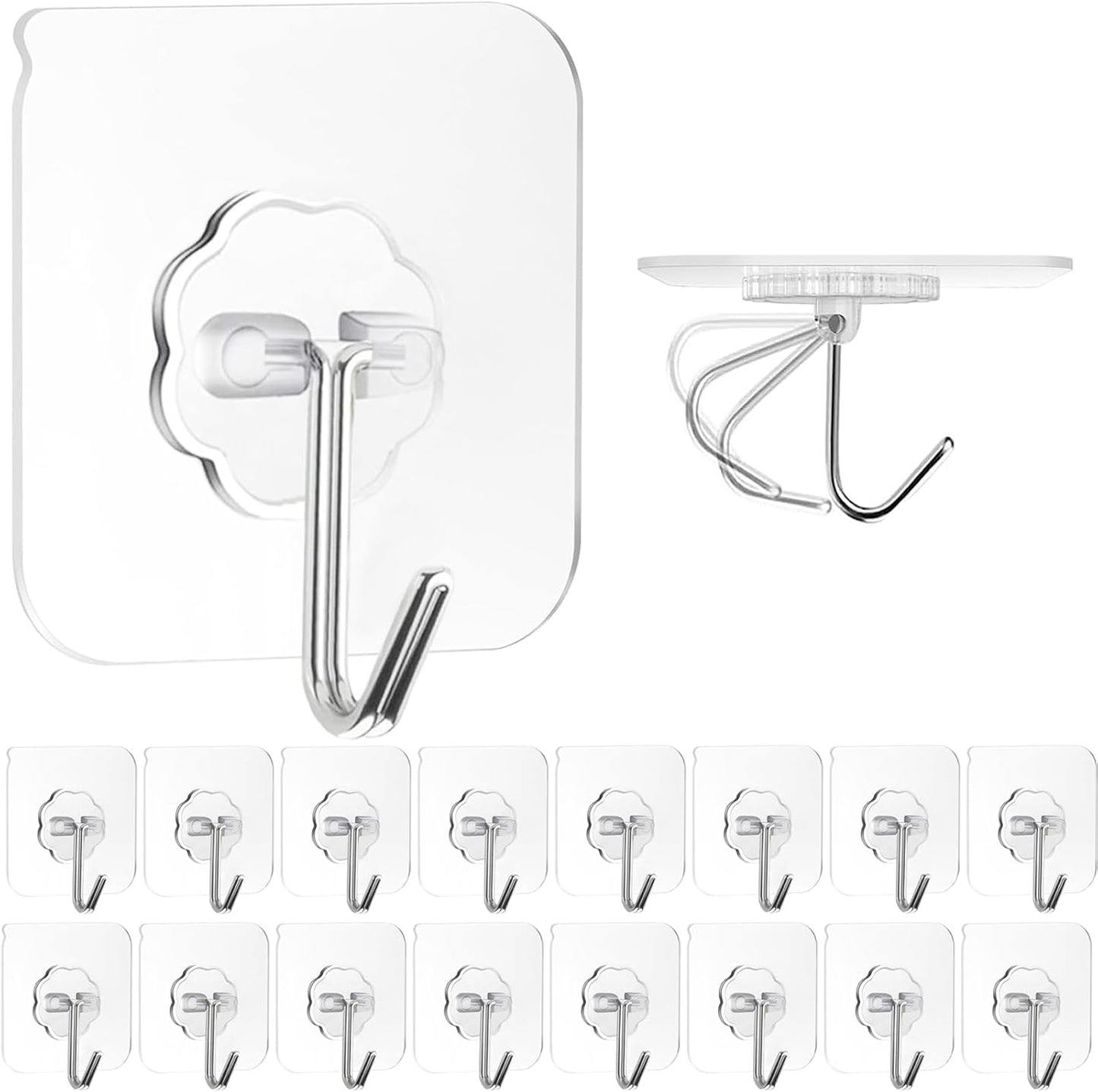 ZESLMG Heavy-Duty Adhesive Wall Hooks - 16 Pack Clear Self-Sticky Hooks for Towel, Key, and Coat