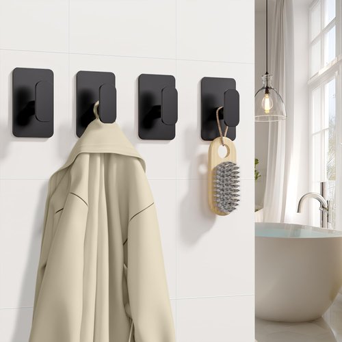 Eowihor Heavy Duty Self Adhesive Hooks - 26lb Max, Sticky Wall Hooks Stainless Steel for Hanging Towel, Coat, Robe, Waterproof & Rustproof Hooks Stick on Bathroom, Shower, Kitchen (Black, 4 Pack)