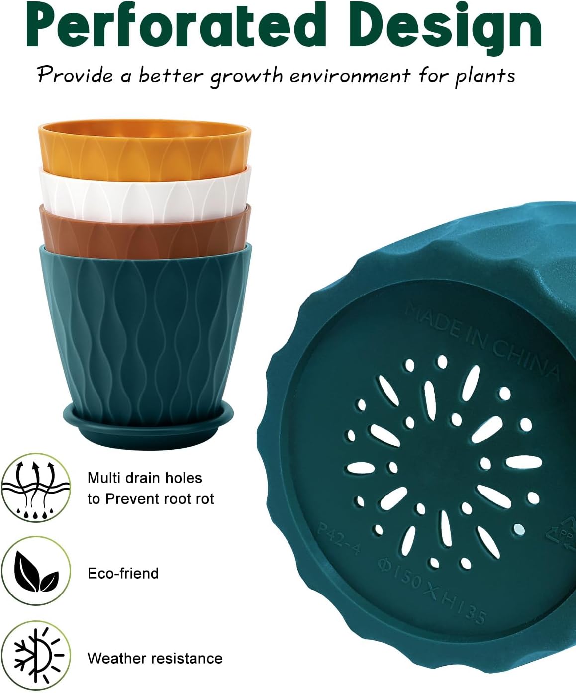 Skiennix 6-Inch Indoor Planter Pots - Drainage Hole & Tray Saucer | Multicolor, Set of 4