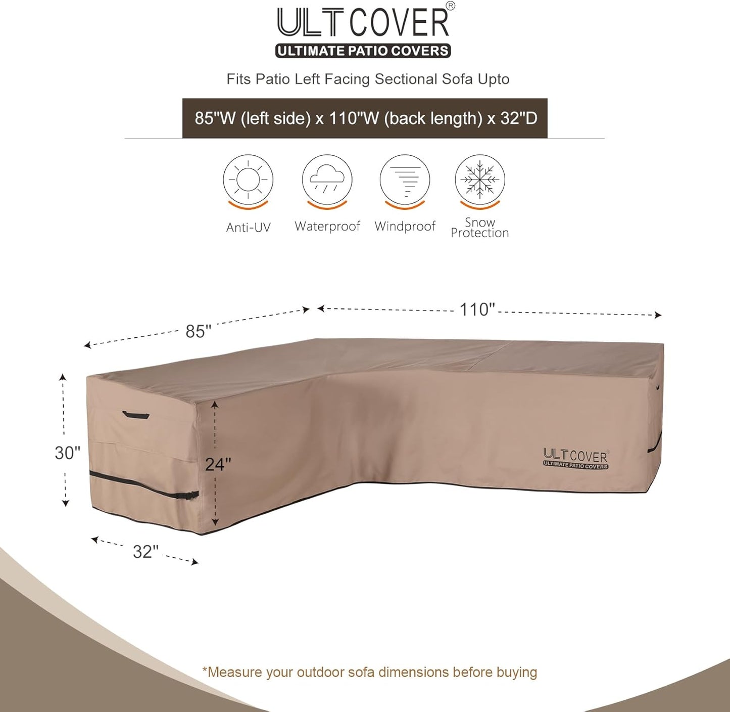 ULTCOVER Waterproof Patio L-Shaped Sofa Cover - Fits 6-Seater Outdoor Sectional | 85”W x 110”L