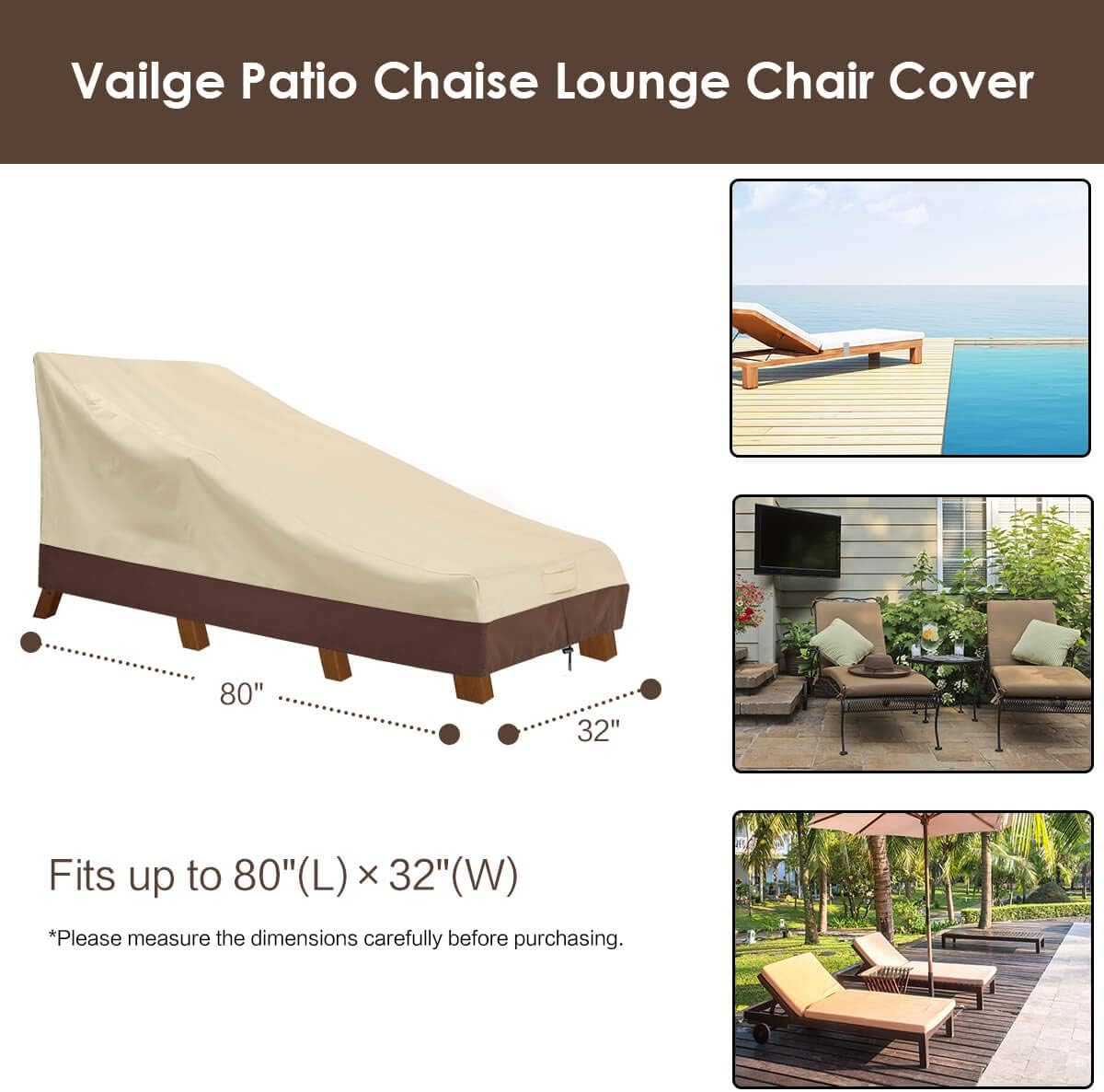 Vailge Waterproof Patio Chaise Lounge Cover - Heavy Duty 600D UV Resistant - Medium Beige & Brown