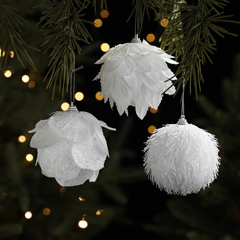 Christmas Tree Ornaments 5-Pack White Glitter Foam Balls for Xmas
