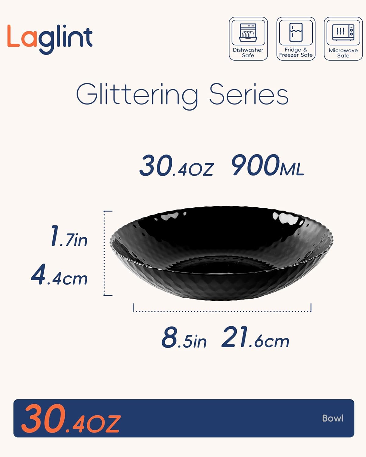 LaGlint 30 OZ Opal Glass Pasta Bowls - Set of 6 Black 8.5-Inch Round Serving Bowls | Microwave & Dishwasher Safe