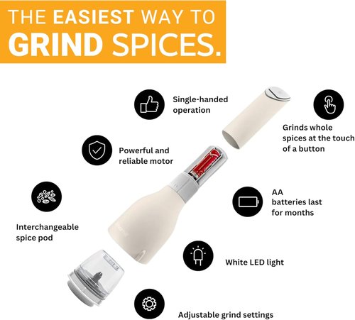 FinaMill Classic Battery Spice Mill - Battery Operated Salt & Pepper Grinder Set with LED Light & Adjustable Coarseness