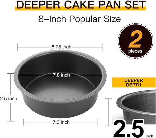 HONGBAKE Round Cake Pan Set - Nonstick 8-Inch Deeper Circle Cake Tins with Wider Grips | 2-Piece Grey Set