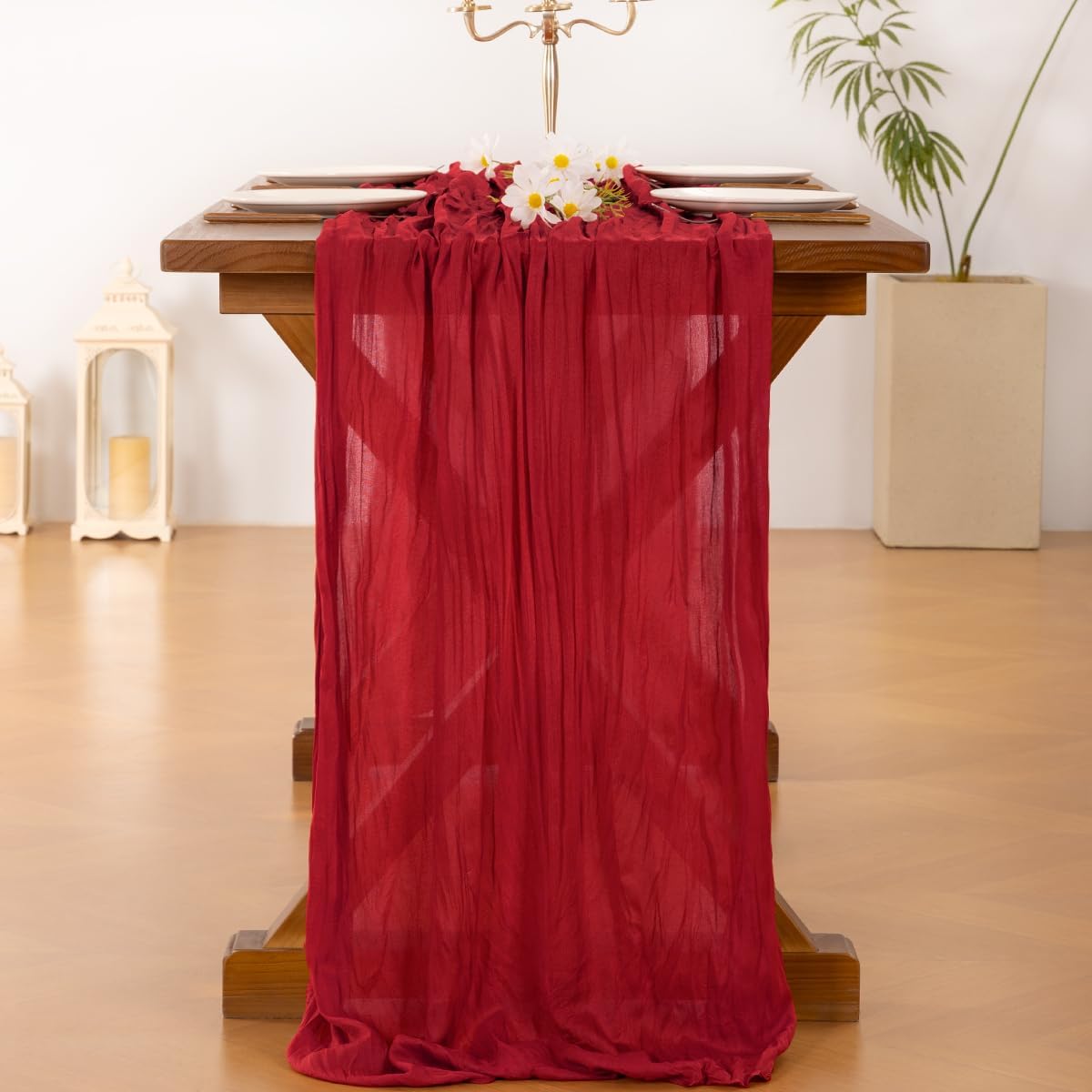 Socomi Red Cheesecloth Table Runner - 120 Inch Boho Rustic Decor for Weddings & Events