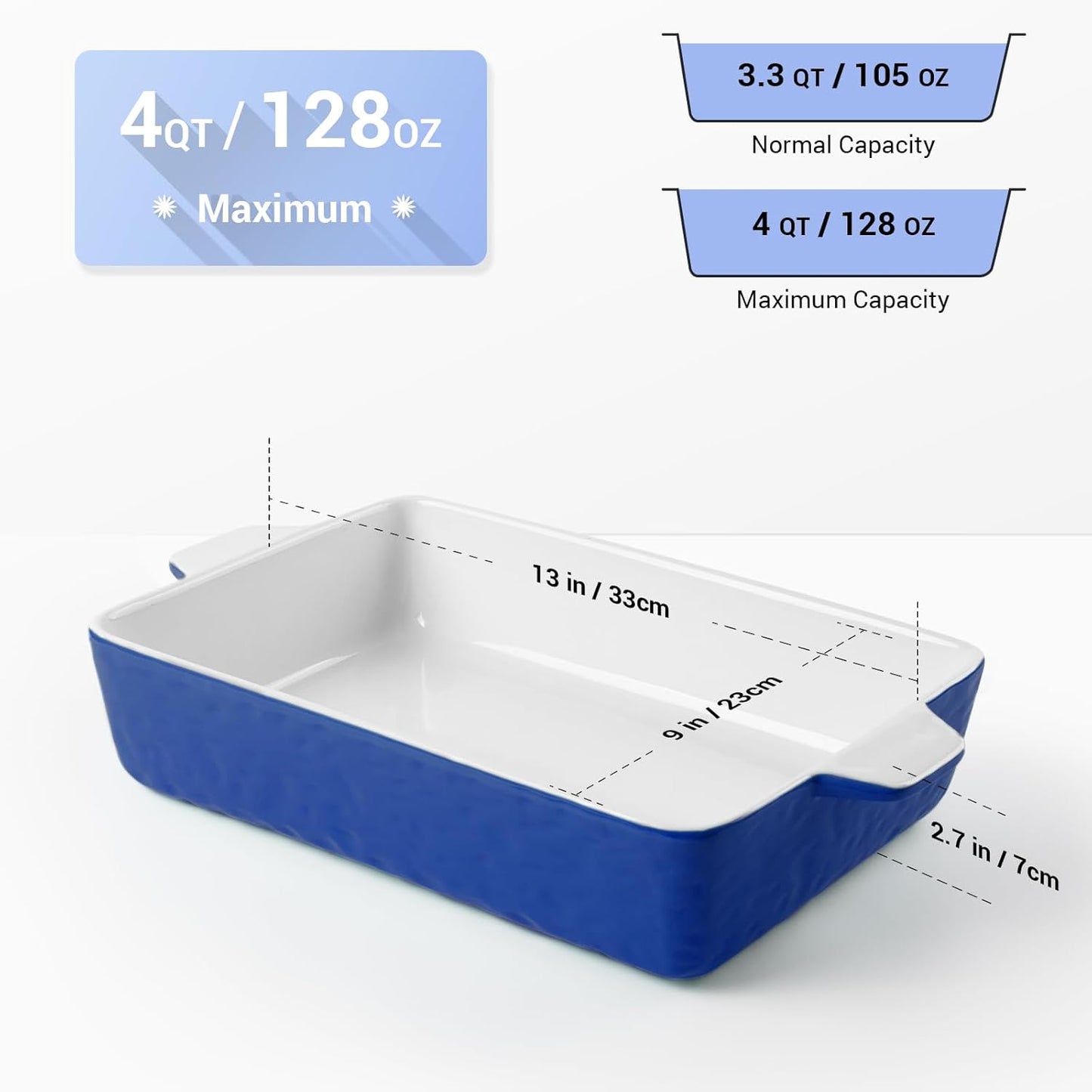 Regine Switzerland 4 QT Baking Dish - Deep Ceramic Casserole Pan with Handles | Oven Safe, Dark Blue