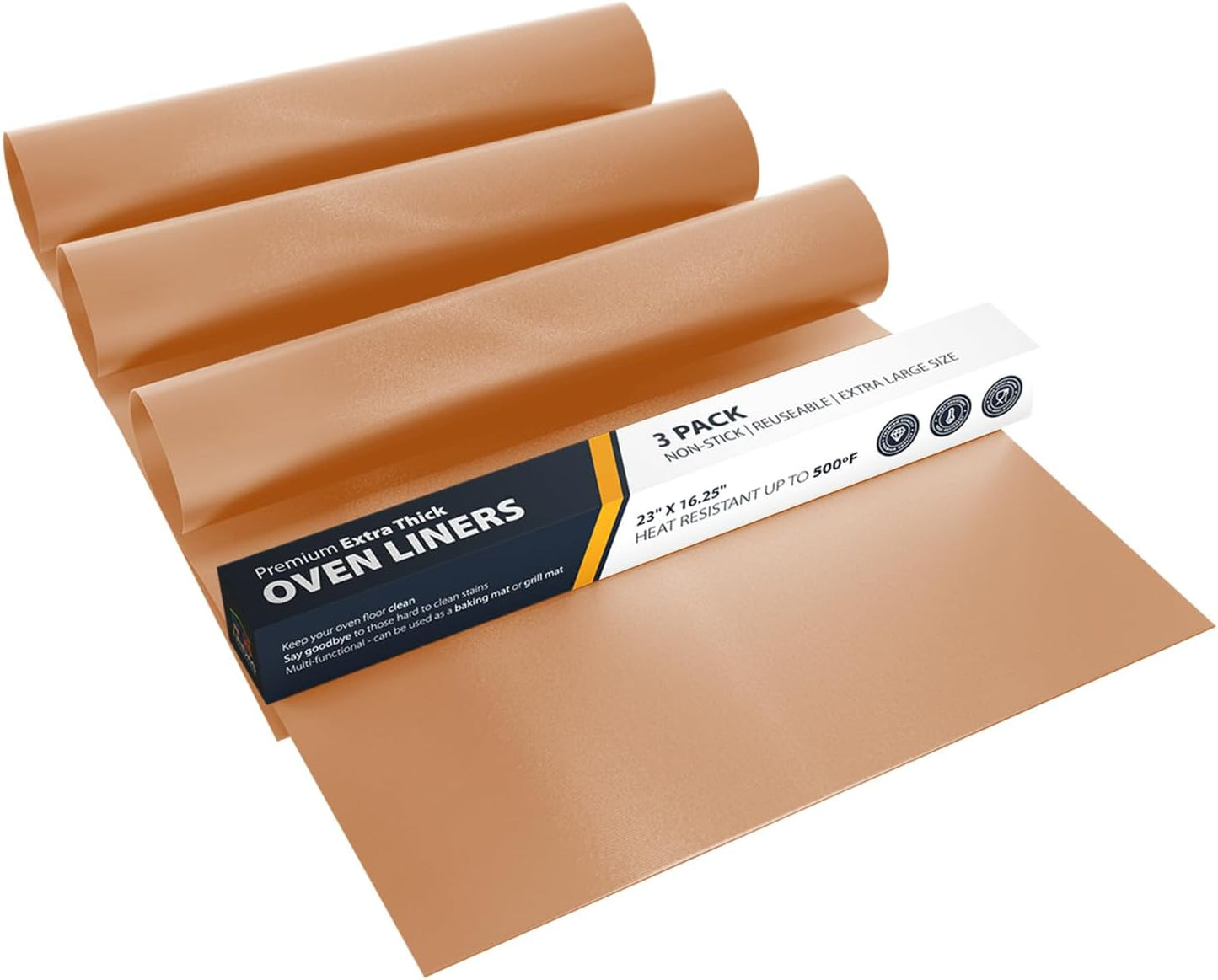 Skiennix Oven Liners - Heavy Duty Non-Stick Mats, 3 Pack, 16.25”x23” | BPA & PFOA Free Copper Kitchen Accessory