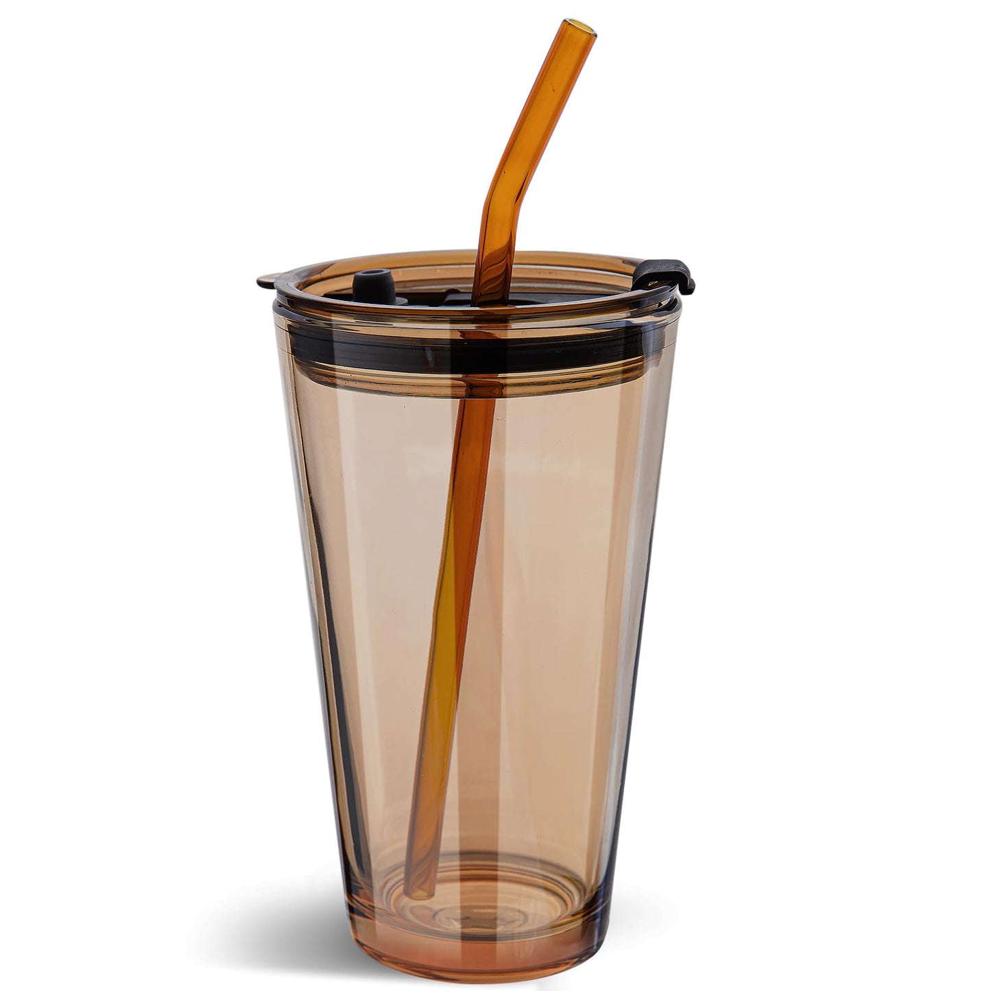 Olvini 15oz Glass Tumbler with Straw and Lid, Cute Iced Coffee Cups, Aesthetic Glass Cups, Coffee Tumbler, Water Cup, Matcha Cup, Drinking Glasses (Amber)