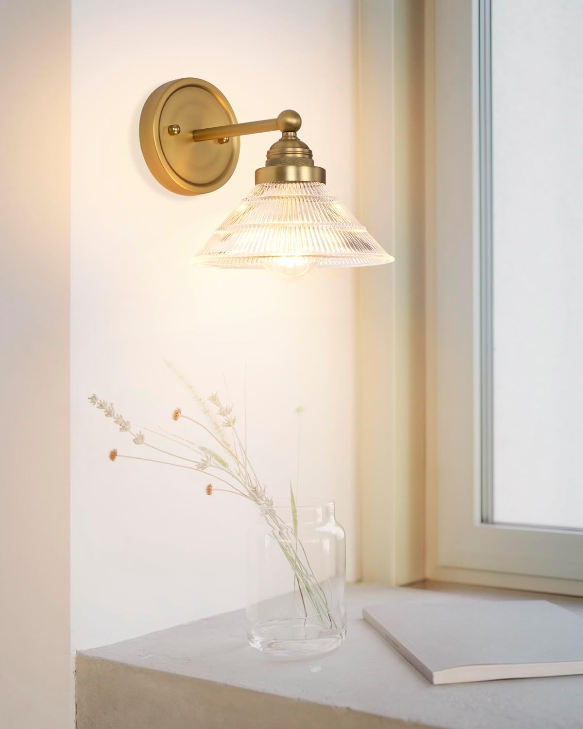 Vintage Wall Sconce 1-Light with Clear Ribbed Glass Shade, Industrial Hardwired Wall Light Fixture for Bedside Living Room Vanity Bathroom Hallway