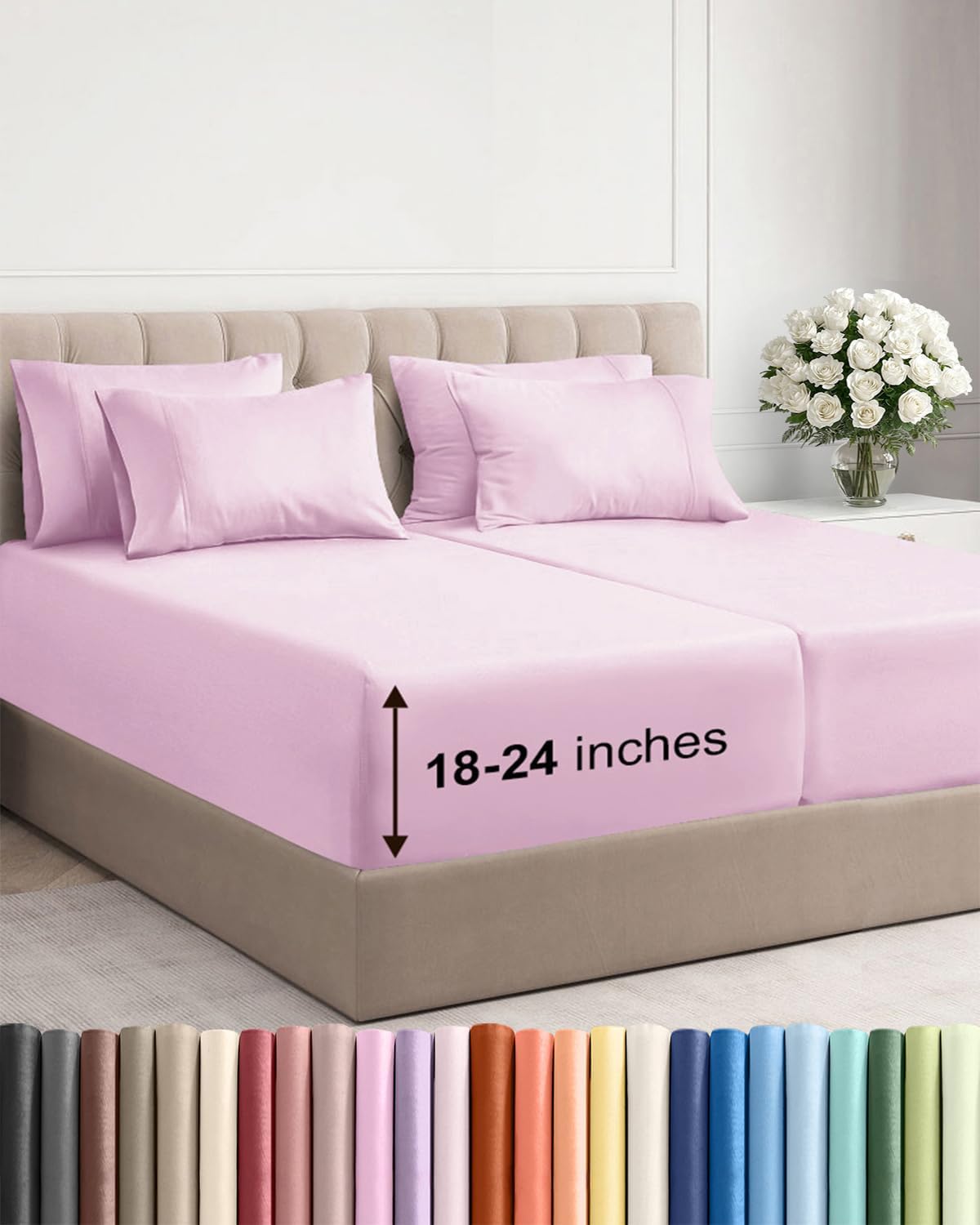 Skiennix Extra Deep Split King Sheet Set - 7 Piece Cooling Bedding - Soft, Wrinkle-Free Light Pink