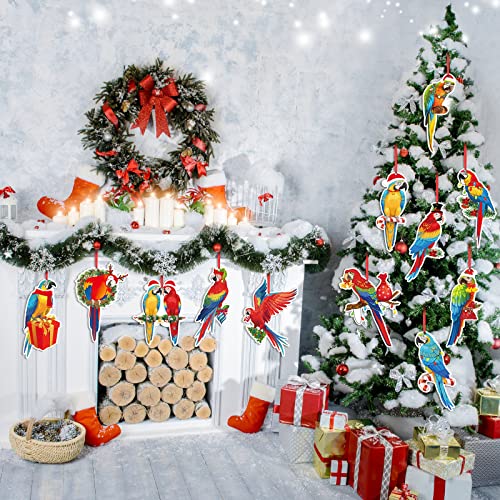 12 Pcs Wooden Parrot Christmas Ornaments - Holiday Tree Decorations