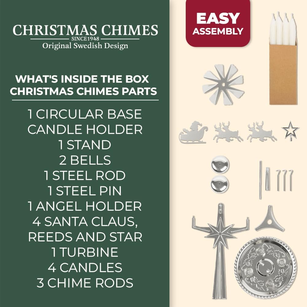Original Swedish Christmas Chimes - Elegant Carousel with 4 Candles | Scandinavian Holiday Decor in Silver