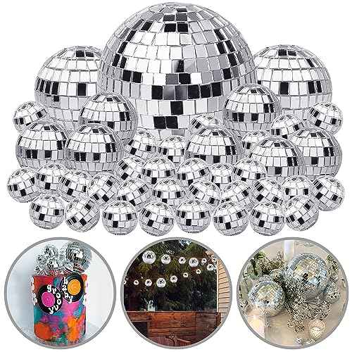 45 PCS 0.78Inch 1.57Inch 2.36Inch 3.54Inch Disco Ball Cake Decoration Ornaments Reflective Mirror Ball Cake Decoration 70s Disco Themed Party Decoration for Christmas Tree Dance Music