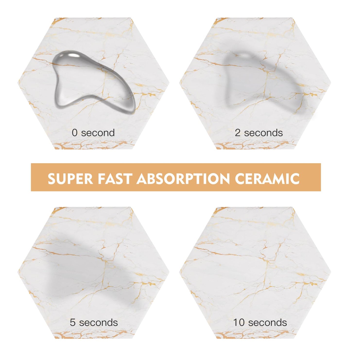 Marble Coasters for Drinks Absorbent with Cork Base, 6pcs Drink Coasters for Wooden Table with Metal Holder, Gold Ceramic Cup Coaster Set Home Decor for Housewarming