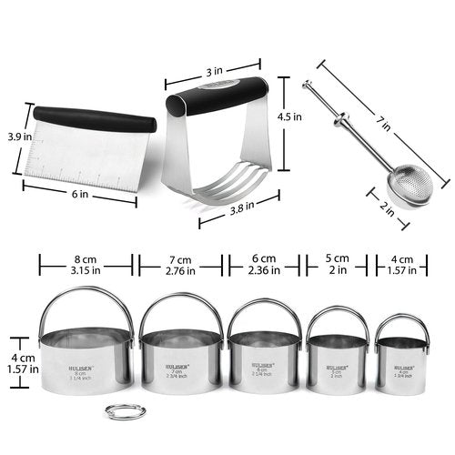 HULISEN Stainless Steel Biscuit Cutter Set, Flour Duster, Pastry Scraper and Dough Blender, Sturdy & Long-Lasting with Ergonomic Rubber Grip, Professional Baking Dough Tools, Gift Package (4 Pcs/Set)
