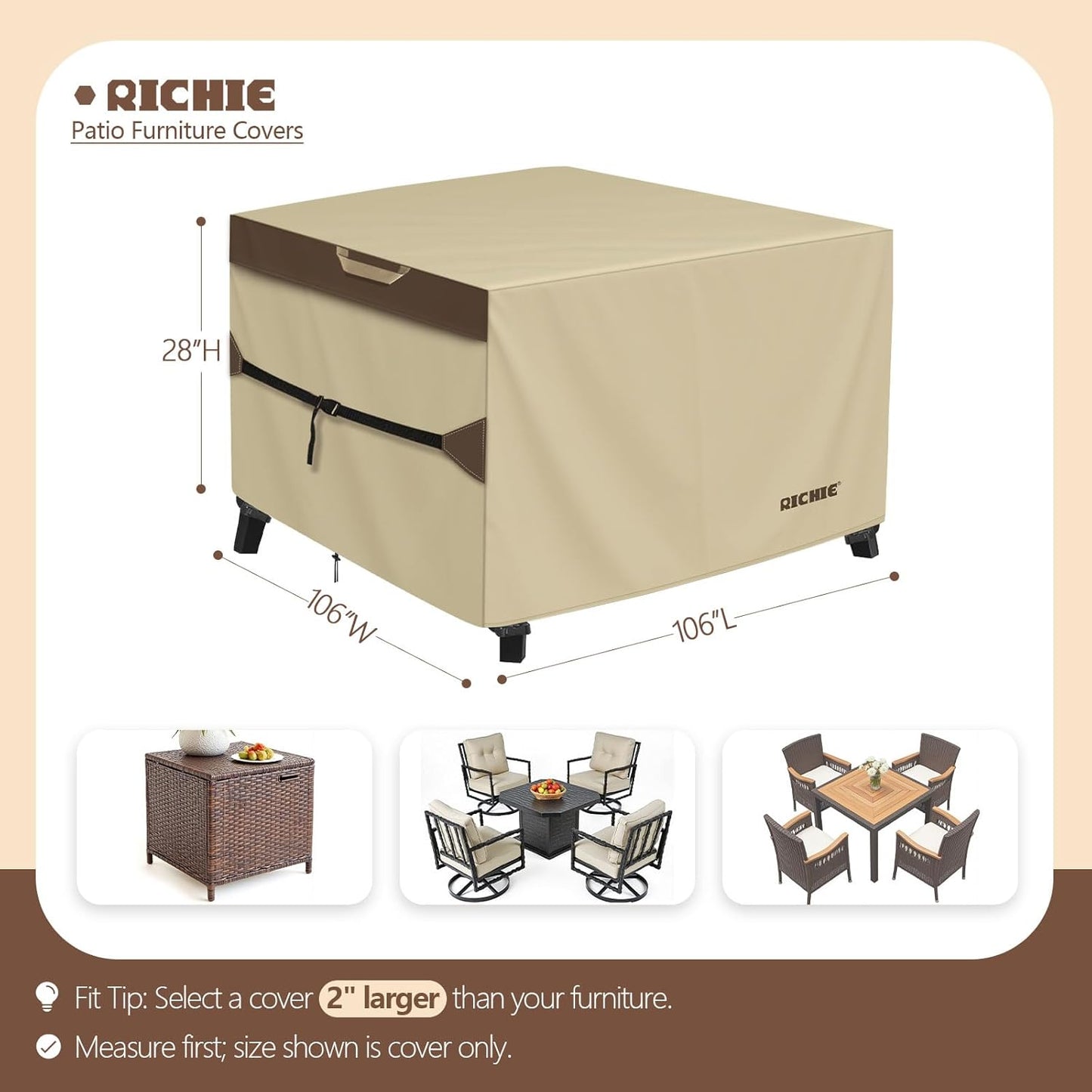 RICHIE Outdoor Patio Furniture Cover - Heavy-Duty Waterproof 600D Canvas Protector | Square Table & Chair Cover (106L x 106W x 28H Inch)