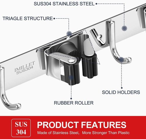 IMILLET Wall-Mounted Broom and Mop Holder - Heavy-Duty Stainless Steel Organizer for Home & Garage
