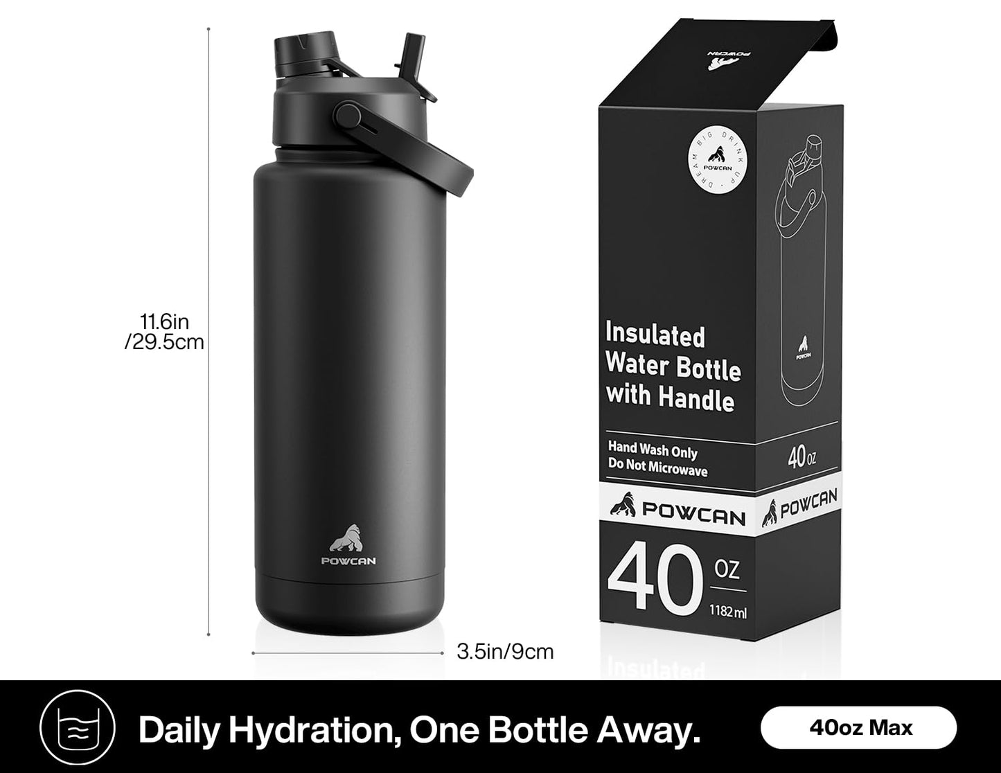 POWCAN 40 oz Insulated Water Bottle with 2-in-1 Straw and Spout Lid, Keep Cold 24H, Leak-Proof, BPA-Free, Double Wall Stainless Steel Water Bottle for Sports, Gym, Travel, and School (Dark Knight)