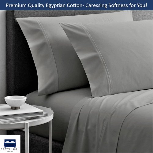 Cottingon, Premium 100% Egyptian Cotton 4 PC Sheet Set 15" Deep, Light Grey-Olympic Queen