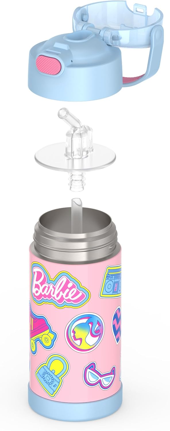 Thermos Funtainer Water Bottle - 12 Ounce Kids Stainless Steel Insulated Bottle with Straw | Barbie Design