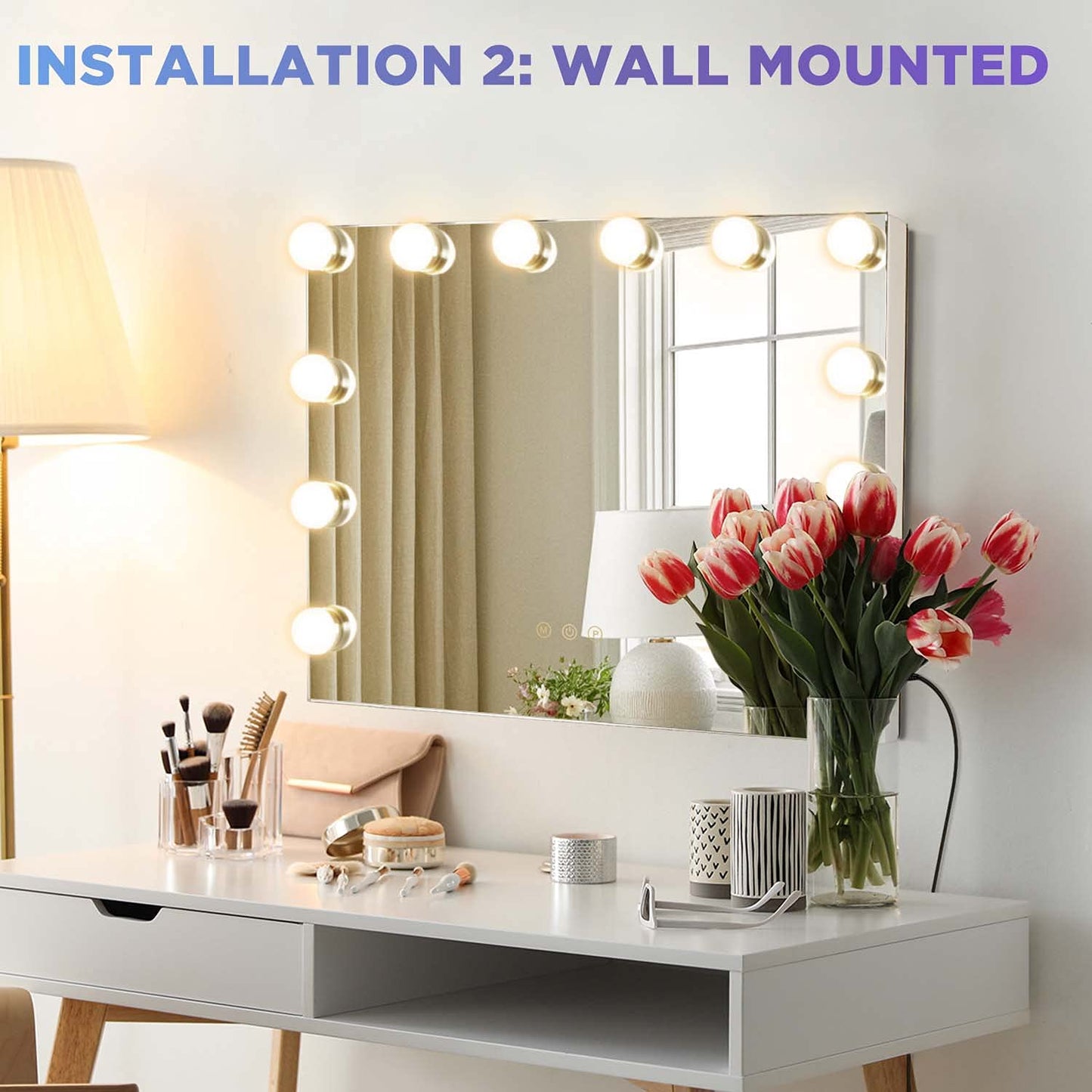 M MIVONDA Vanity Makeup Mirror with Lights: Hollywood Mirror with 15LED Bulbs - Large 23”x19” Desk Mirror for Wall, Dimmable 3 Lighting Modes, Plug-in and USB Charger Port, White