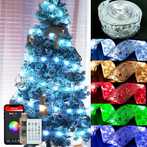 Lphianx Silver Christmas Tree Ribbon String Lights, 33ft 80 Modes App & Remote Control
