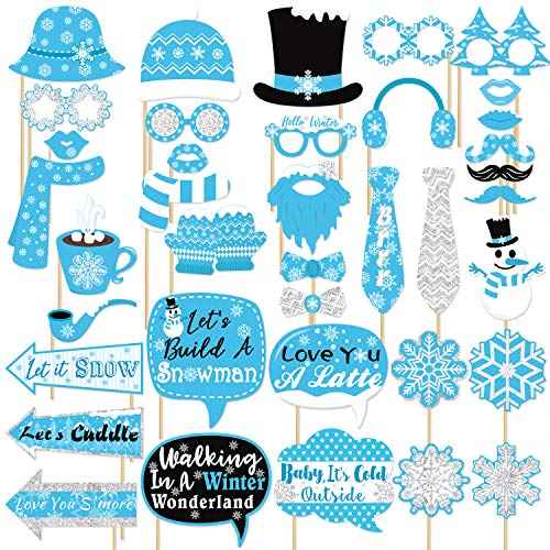 Snowflake Photo Booth Props 38 Pcs Frozen Party Decorations Winter Wonderland Party Favor for Holiday Party Christmas Party Supplies