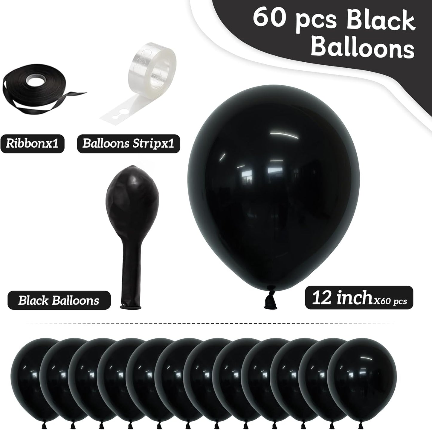 60 PCS Black Balloons by [Brand Name] - 12-Inch Latex Balloons for Birthday, Wedding & Baby Shower Decor