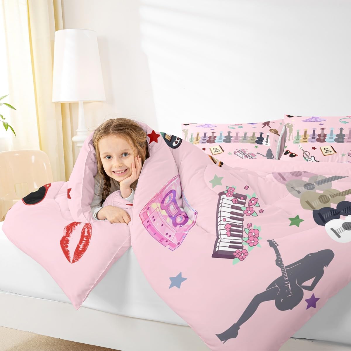 Erosebridal Music Fans Guitar Comforter Set Music Themed Bedding Set Full Size Singer Fans Pink Down Comforter for Kids Girls Women Fashion Birthday Valentines Day Gift Quilt Set 3 Pcs Bedroom Decor