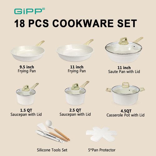 GiPP Pots and Pans Set Non Stick - 10 Pcs White Granite Kitchen Cookware Sets Nonstick Induction Cookware Non-toxic Cooking Pan Set with Lids, PFOS and PFOA Free