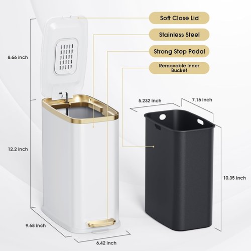 CEROELDA Stainless Steel Small Bathroom Trash Can - Soft Close Lid, 5L/1.3 Gal, Slim Design | White