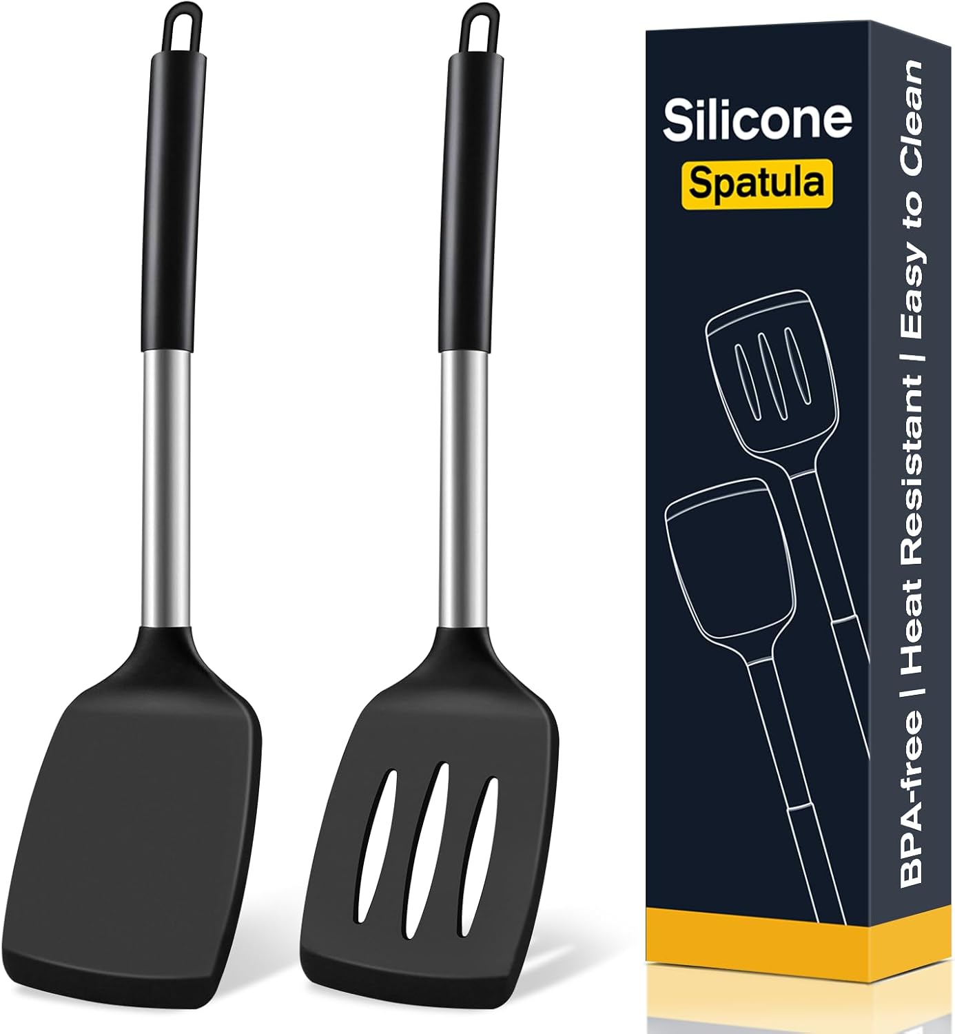 Skiennix Silicone Spatula Set - 2 Pack High Heat Resistant Utensils for Non-Stick Pans | BPA-Free Black