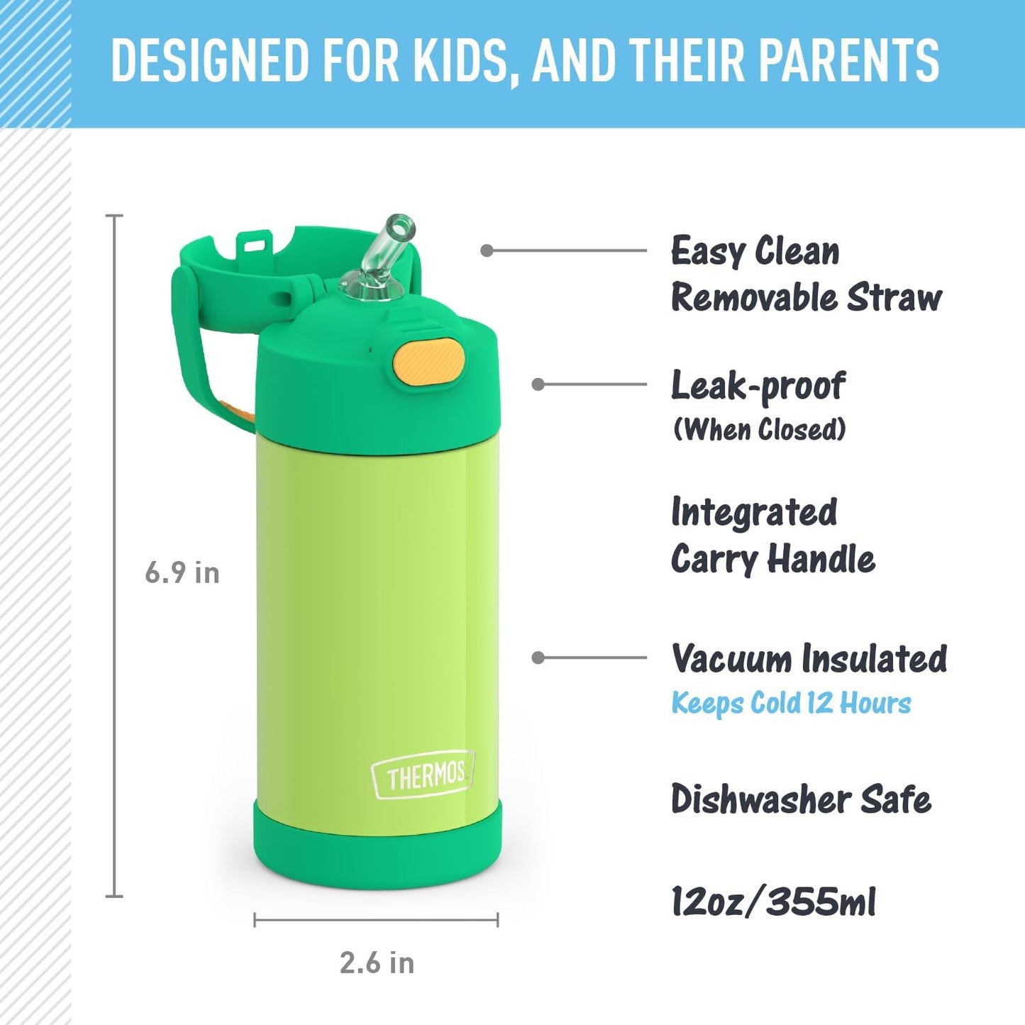 THERMOS FUNTAINER Water Bottle - 12 Ounce Kids Stainless Steel Vacuum Insulated - Lime/Orange