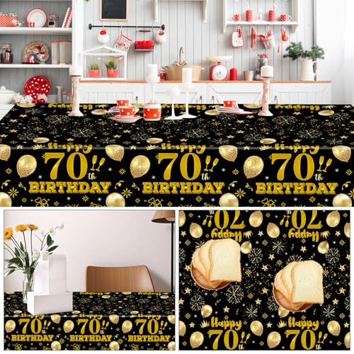 2 Pack 70th Birthday Tablecloth,Disposable Black Gold Plastic Waterproof Rectangular Table Covers for Christmas Party Decorations Men Women, 54 x 108 Inch