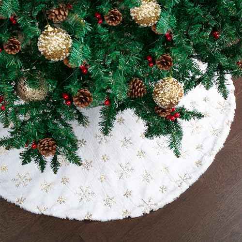 Mr. Pen- Christmas Tree Skirt 24 inches, White Faux Fur Christmas Tree Skirts with Gold Snowflakes, White Tree Skirt, Christmas Skirt Tree, White Christmas Tree Skirt White, Xmas Tree Skirt