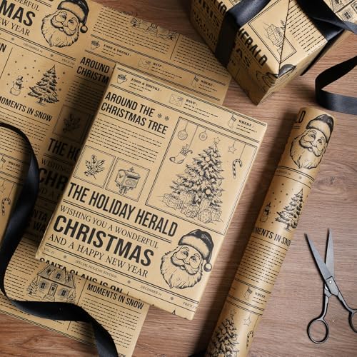 BIOBROWN Christmas Wrapping Paper Newspaper Roll with Santa & Tree Design, 17x33ft