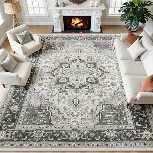 WEZVIX Taupe 8x10 Area Rug - Vintage Boho Low Pile Non-Slip Carpet for Living Room & Bedroom