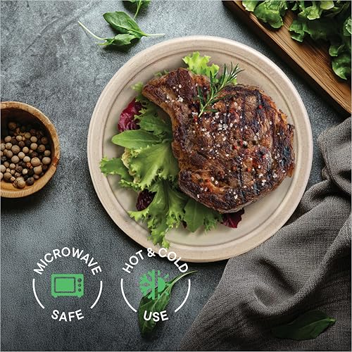 10 Inch Compostable Heavy Duty Paper Plates - 125 Pack, Eco-Friendly & Biodegradable, PFAS-Free, Microwave Safe - Stack Man