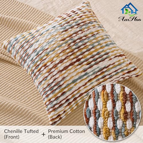Set of 2 Boho Chenille Pillow Covers 18x18 Inches Brown - Decorative Cushions