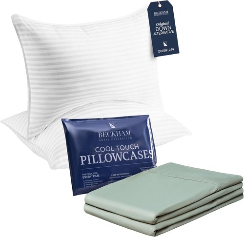 Beckham Hotel Collection Bed Pillows - Cooling Pillowcases for Hot Sleepers | Queen Size Set of 2, Soft Down Alternative, Aqua Gray