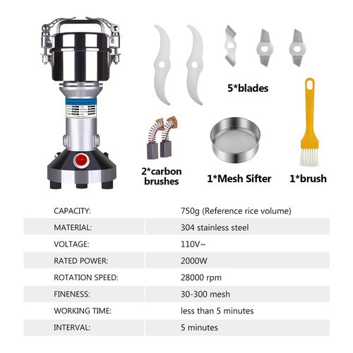 2000W Electric Grain Grinder, Stainless Steel Commercial Grade Dry Mill - Ultra-Fine Powder Machine for Wheat, Rice, Corn, Spices & Coffee - High-Speed Flour Maker for Home Kitchen or Professional Use