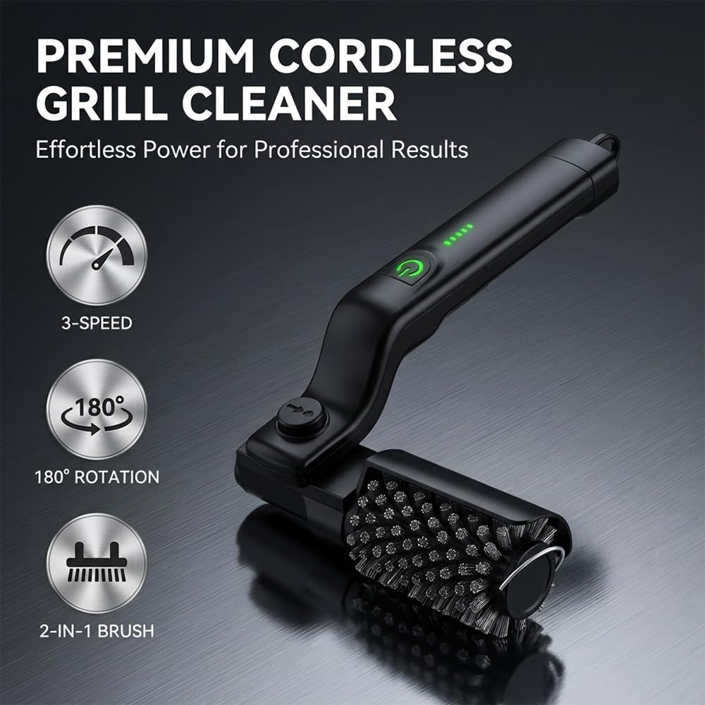 Skiennix Electric Grill Brush - Cordless BBQ Cleaner with 3 Speed Settings & Rechargeable Battery