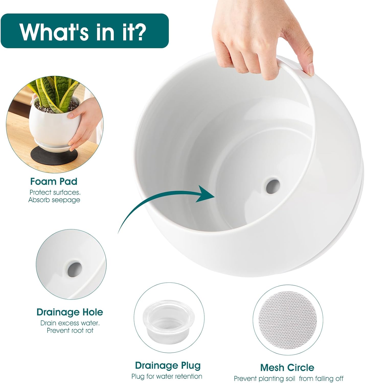 Vancasso Ceramic Plant Pots - 3-Pack Indoor Planters with Saucers & Drainage Holes | White, 3.7-6.2 Inch