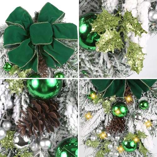 UUXX 2 Pack Prelit Green Christmas Swags with Green Bows and Ornaments, 23.6" Holiday Door Decor