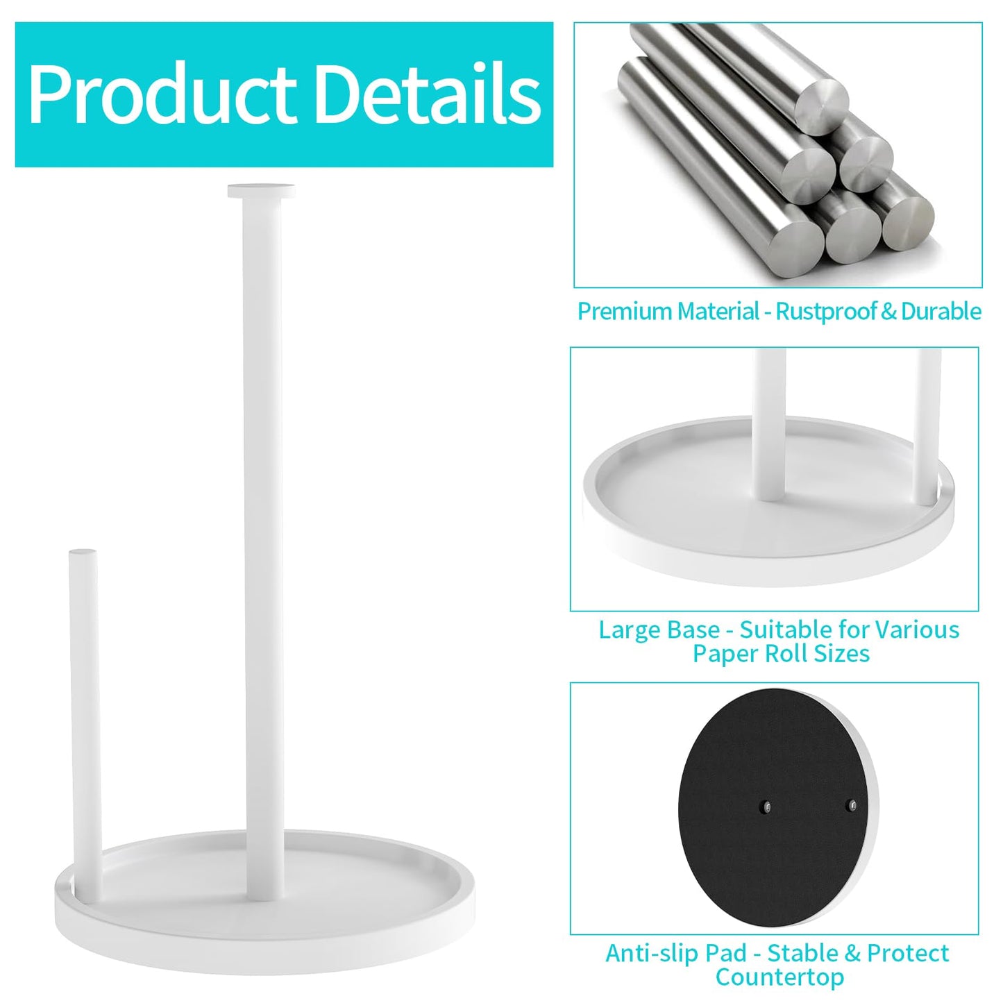 Paper Towel Holder Countertop, Standing Paper Roll Holder with Anti Slip Weighted Base, Stainless Steel Freestanding Paper Towel Holder for Kitchen, White