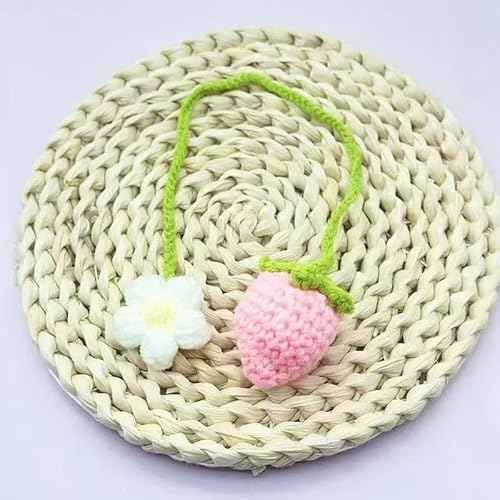 Crochet Strawberry Car Accessories, Handmade Strawberry Car Hanging Ornament, Pink Rearview Mirror Hanging Accessories Cute Hanging Decor for Women and Girls - 2PCS