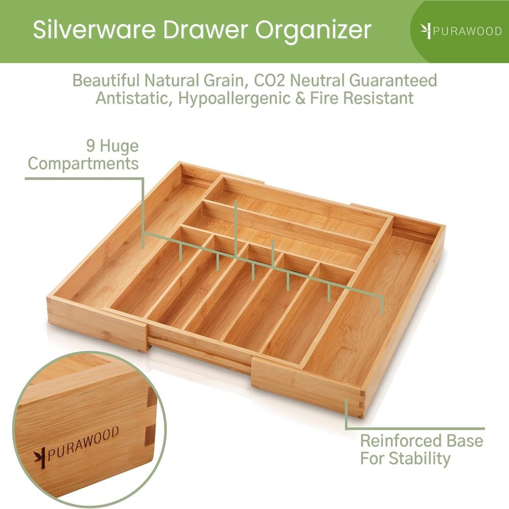Purawood Bamboo Drawer Organizer - Expandable Cutlery Tray with Dividers | 7-9 Slot Kitchen Utensil Storage (Natural)